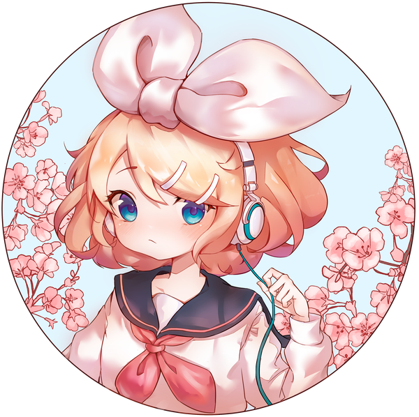 Anime picture 3000x2990 with vocaloid kagamine rin lunia single looking at viewer blush highres short hair blue eyes blonde hair upper body cherry blossoms transparent background cute girl uniform flower (flowers) bow hair bow serafuku