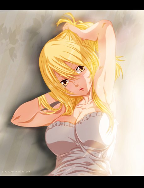 Anime picture 1471x1927 with fairy tail lucy heartfilia i-azu single long hair tall image open mouth blonde hair bare shoulders yellow eyes sunlight armpit (armpits) coloring adjusting hair letterboxed girl dress white dress