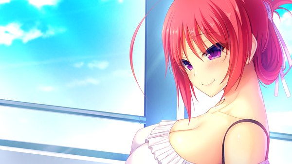 Anime picture 1280x720 with kimi to koi suru gakuen kissa sakurazawa hijiri single blush breasts smile wide image large breasts purple eyes bare shoulders game cg cleavage red hair girl