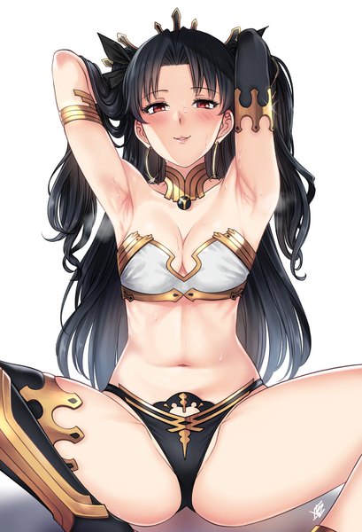 Anime picture 1022x1500 with fate (series) fate/grand order ishtar (fate) xtermination single long hair tall image looking at viewer blush fringe breasts light erotic black hair simple background smile red eyes white background signed bare belly sparkle