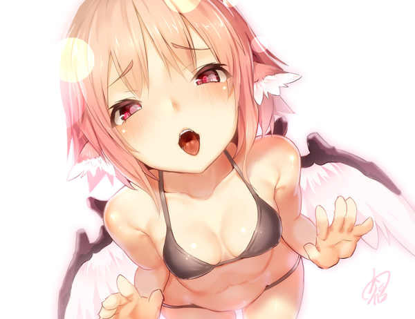 Anime picture 900x694 with touhou mystia lorelei ayagi daifuku single looking at viewer blush fringe short hair breasts open mouth light erotic simple background red eyes large breasts white background bare shoulders signed pink hair from above orange hair