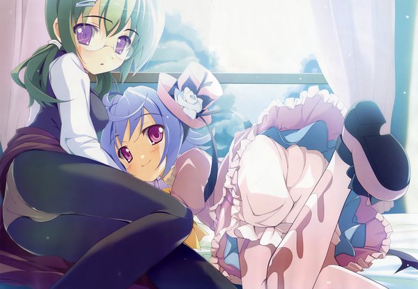 Anime picture 4455x3085 with nidaime wa mahou shoujo tagme (character) tagme (artist) long hair looking at viewer blush highres short hair light erotic smile purple eyes twintails multiple girls looking away absurdres purple hair pink eyes green hair pantyshot reclining