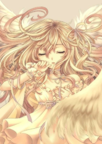Anime picture 1080x1526 with original mizunomoto single long hair tall image blonde hair eyes closed flat chest angel wings angel girl dress ribbon (ribbons) hair ribbon wings