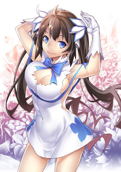 Anime picture 1414x2000 with dungeon ni deai wo motomeru no wa machigatteiru darou ka j.c. staff hestia (danmachi) kunieda single long hair tall image looking at viewer breasts blue eyes light erotic black hair large breasts twintails scan official art armpit (armpits) covered navel cleavage cutout rei no himo