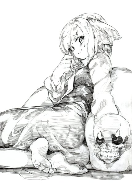 Anime picture 1557x2177 with touhou rumia oshake single tall image looking at viewer short hair simple background smile white background sitting ass barefoot shadow monochrome sketch girl dress ribbon (ribbons) hair ribbon