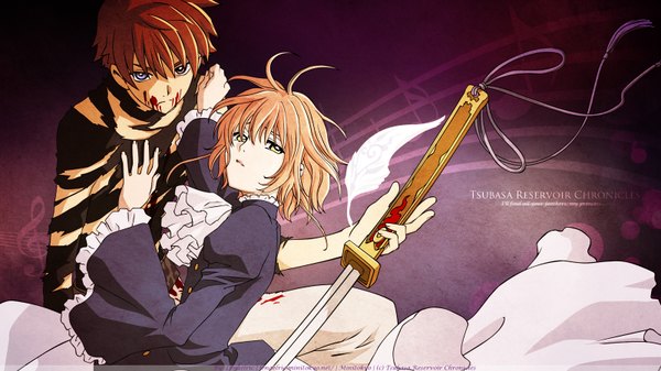 Anime picture 1600x900 with tsubasa reservoir chronicle clamp sakura hime syaoran looking at viewer short hair blonde hair brown hair wide image purple eyes yellow eyes inscription couple torn clothes angry sad girl boy ribbon (ribbons) weapon