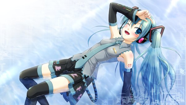 Anime picture 1920x1080 with vocaloid hatsune miku natsuhime yuran single blush highres open mouth wide image twintails very long hair one eye closed aqua eyes wink aqua hair girl thighhighs skirt black thighhighs detached sleeves miniskirt