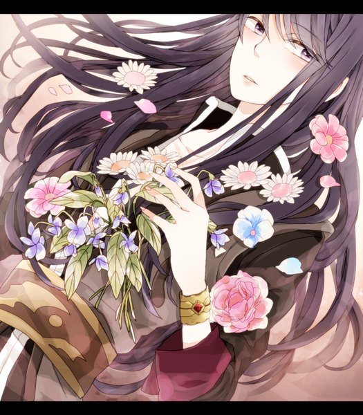 Anime picture 1400x1600 with tales of (series) tales of vesperia yuri lowell shio tsuitta single long hair tall image blush black hair purple eyes wind boy flower (flowers) petals bracelet