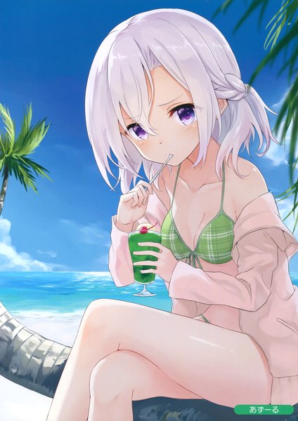 Anime picture 2471x3500 with melonbooks azuuru single tall image looking at viewer highres short hair blue eyes light erotic sitting sky cloud (clouds) white hair scan beach girl swimsuit plant (plants) bikini tree (trees)