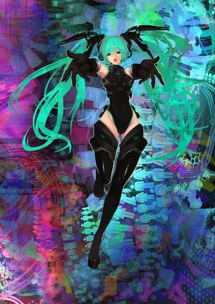 Anime picture 2500x3536 with vocaloid hatsune miku paku (artist) single long hair tall image highres open mouth twintails aqua eyes aqua hair outstretched arm singing girl gloves elbow gloves
