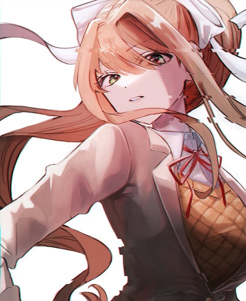 Anime picture 1676x2048 with doki doki literature club monika (doki doki literature club) hatopippi45 single long hair tall image looking at viewer fringe simple background hair between eyes brown hair white background green eyes payot upper body ponytail long sleeves parted lips head tilt floating hair