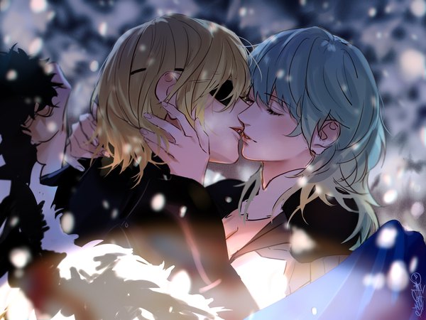 Anime picture 1200x900 with fire emblem fire emblem: three houses nintendo byleth (fire emblem) dimitri alexandre blaiddyd byleth (female) (fire emblem) enlightened byleth (female) tang xinzi fringe short hair open mouth blonde hair hair between eyes upper body eyes closed profile green hair blurry depth of field hug