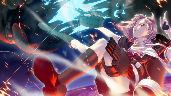 Anime picture 1600x900 with kantai collection yuudachi destroyer komakedara single long hair open mouth red eyes wide image pink hair battle remodel (kantai collection) girl dress weapon socks black socks