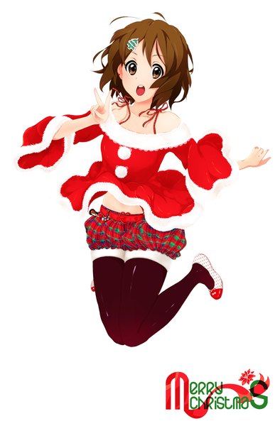 Anime picture 1000x1551 with k-on! kyoto animation hirasawa yui rokujou jun single tall image short hair open mouth brown hair white background bare shoulders brown eyes christmas merry christmas girl
