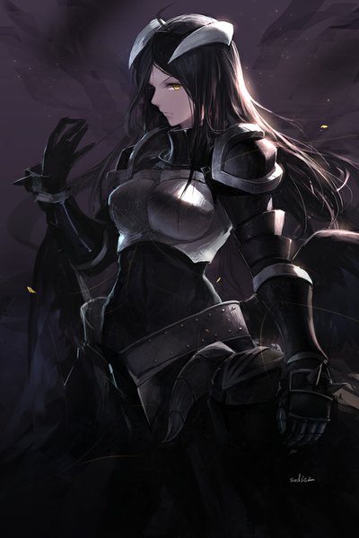 Anime picture 638x957 with overlord (maruyama) madhouse albedo (overlord) swd3e2 single long hair tall image looking at viewer black hair signed yellow eyes horn (horns) dark background girl armor