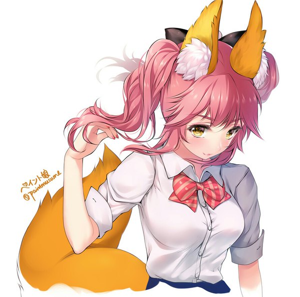 Anime picture 890x883 with fate (series) fate/extra fate/extella tamamo (fate) (all) tamamo jk (fate) paint musume single long hair looking at viewer blush fringe breasts simple background smile white background twintails signed animal ears yellow eyes pink hair