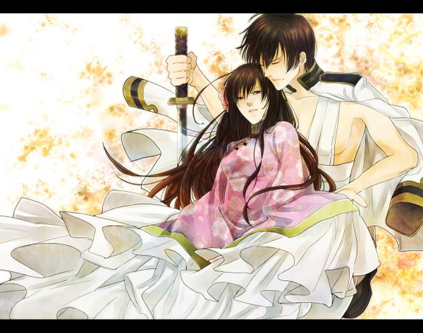 Anime picture 1200x947 with japan (hetalia) taiwan (hetalia) kanameyura long hair short hair brown hair eyes closed pink eyes hair flower open clothes couple hug clothes on shoulders girl dress boy uniform hair ornament weapon sword