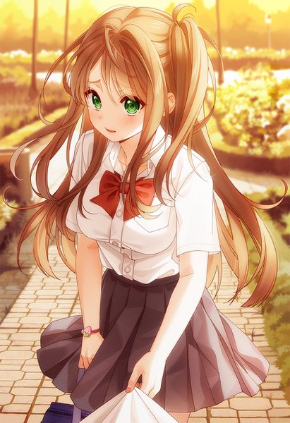 Anime picture 844x1230 with original unjem single long hair tall image looking at viewer blush fringe breasts open mouth hair between eyes brown hair standing holding green eyes payot outdoors pleated skirt blurry short sleeves