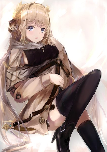 Anime picture 1191x1684 with azur lane victorious (azur lane) victorious (goddess' day off) (azur lane) hanagin single long hair tall image looking at viewer blush fringe breasts open mouth blue eyes blonde hair simple background hair between eyes sitting bare shoulders payot bent knee (knees)