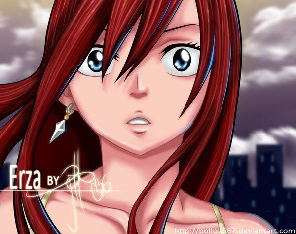 Anime picture 1004x795 with fairy tail erza scarlet pollo1567 single long hair blue eyes sky cloud (clouds) red hair inscription coloring portrait close-up face girl earrings building (buildings)
