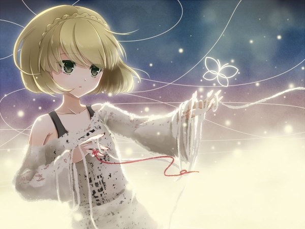 Anime picture 1200x900 with pop'n music knit (pop'n music) kurokiri single blush short hair blonde hair bare shoulders brown eyes glowing girl sweater thread red thread