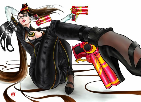 Anime picture 1024x744 with bayonetta bayonetta (character) single long hair breasts light erotic black hair simple background white background green eyes ponytail lips legs girl hair ornament weapon glasses shoes bodysuit