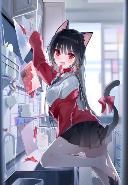 Anime picture 974x1400 with original miwano rag single long hair tall image looking at viewer blush fringe open mouth black hair red eyes standing animal ears indoors tail blunt bangs long sleeves :d animal tail pleated skirt