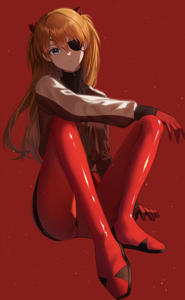 Anime picture 2573x4176 with neon genesis evangelion rebuild of evangelion evangelion: 3.0+1.0 thrice upon a time gainax soryu asuka langley shikinami asuka langley yeorem single long hair tall image looking at viewer fringe highres breasts blue eyes simple background hair between eyes brown hair sitting full body