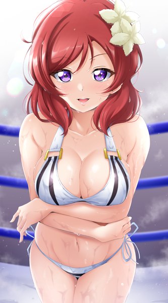 Anime picture 671x1208 with love live! school idol project sunrise (studio) love live! nishikino maki kirisaki reina single tall image looking at viewer blush short hair breasts open mouth light erotic large breasts standing purple eyes cleavage red hair hair flower wet
