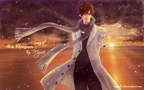 Anime picture 1200x750 with myme1 single short hair brown hair wide image brown eyes sky cloud (clouds) lips sunlight realistic inscription evening sunset boy water scarf cloak sun