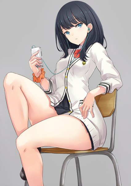 Anime picture 877x1239 with gridman universe ssss.gridman studio trigger takarada rikka asya single long hair tall image looking at viewer fringe light erotic black hair simple background sitting aqua eyes grey background thighs wrist scrunchie thick thighs girl