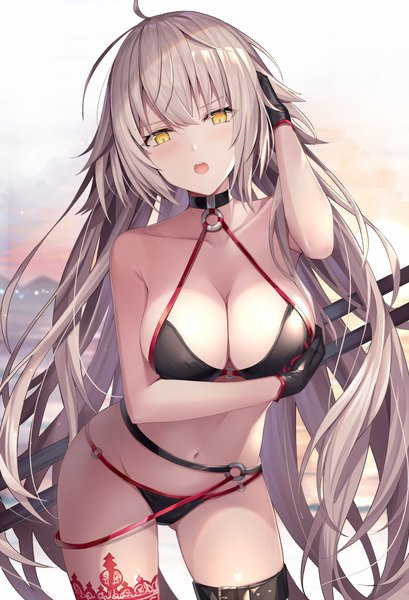 Anime picture 804x1180 with fate (series) fate/grand order jeanne d'arc (fate) (all) jeanne d'arc alter (fate) jeanne d'arc alter (swimsuit berserker) (fate) rin yuu single long hair tall image looking at viewer blush fringe breasts open mouth light erotic hair between eyes large breasts standing bare shoulders yellow eyes