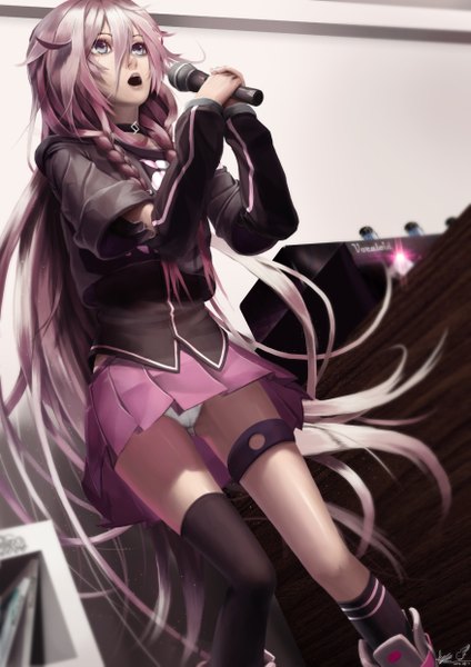 Anime picture 3508x4961 with vocaloid ia (vocaloid) lepus single long hair tall image blush highres open mouth blue eyes light erotic standing looking away pink hair absurdres braid (braids) very long hair pantyshot twin braids cameltoe