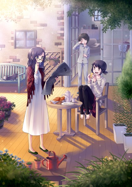 Anime picture 910x1288 with original megumu tall image short hair open mouth black hair sitting multiple girls brown eyes one eye closed wink girl dress flower (flowers) plant (plants) animal glasses 3 girls cat