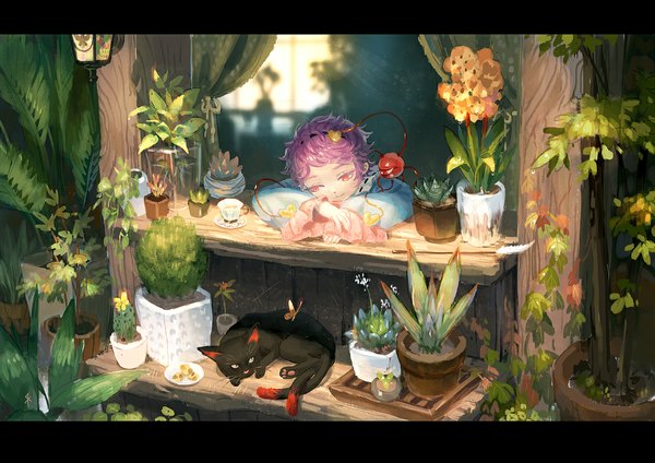 Anime picture 1131x800 with touhou komeiji satori kaenbyou rin kaenbyou rin (cat) seeker short hair smile red eyes looking away purple hair lying letterboxed wavy hair girl flower (flowers) plant (plants) animal frills leaf (leaves) insect