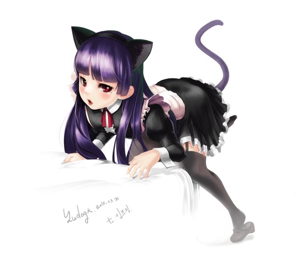 Anime picture 2480x2272 with ore no imouto ga konna ni kawaii wake ga nai gokou ruri yudoku shonen single long hair looking at viewer blush fringe highres open mouth simple background red eyes white background animal ears purple hair tail animal tail cat ears mole cat girl