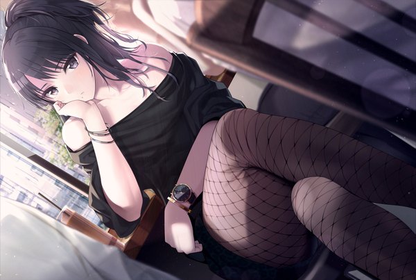 Anime picture 2063x1386 with idolmaster idolmaster shiny colors kazano hiori giba (out-low) single long hair looking at viewer fringe highres black hair sitting bare shoulders outdoors ponytail black eyes off shoulder dutch angle crossed legs lens flare chin rest