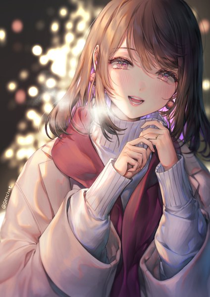 Anime picture 618x875 with original senchat single long hair tall image looking at viewer blush fringe open mouth smile hair between eyes brown hair brown eyes signed payot purple hair upper body long sleeves :d blurry