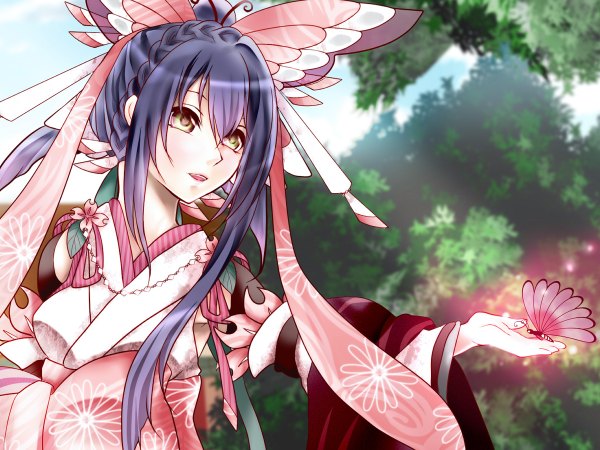 Anime picture 1200x900 with vocaloid vy1 (mizki) single long hair fringe purple hair braid (braids) traditional clothes japanese clothes light smile girl hair ornament flower (flowers) plant (plants) detached sleeves tree (trees) kimono insect butterfly butterfly hair ornament