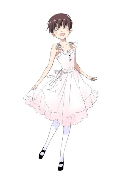 Anime picture 1007x1496 with strike witches christiane barkhorn agahari single tall image blush fringe short hair open mouth simple background smile brown hair white background bare shoulders eyes closed standing on one leg alternate hairstyle girl dress pantyhose
