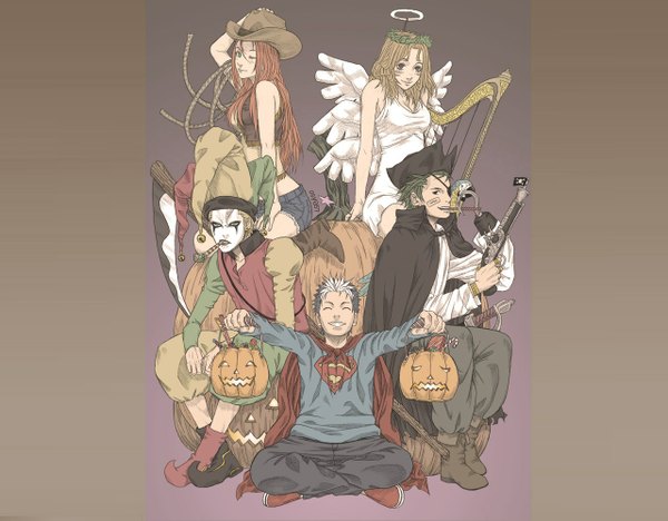 Anime picture 1280x1000 with original osy (artist) long hair short hair blonde hair brown hair eyes closed group halloween cosplay angel pirate girl boy hat sword wings shorts halo eyepatch