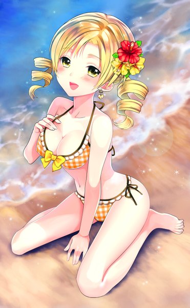 Anime picture 1000x1615 with mahou shoujo madoka magica shaft (studio) tomoe mami yuuki rika single long hair tall image blush breasts open mouth light erotic blonde hair twintails yellow eyes hair flower beach drill hair girl hair ornament flower (flowers)