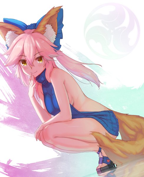 Anime picture 1257x1540 with fate (series) fate/extra tamamo (fate) (all) tamamo no mae (fate) maru (maru1625) single long hair tall image looking at viewer blush fringe light erotic smile hair between eyes twintails animal ears yellow eyes pink hair tail animal tail