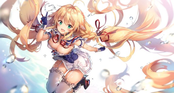 Anime picture 1150x612 with azur lane le temeraire (azur lane) riichu single looking at viewer blush fringe breasts open mouth light erotic blonde hair smile hair between eyes wide image large breasts green eyes payot cleavage ahoge braid (braids)