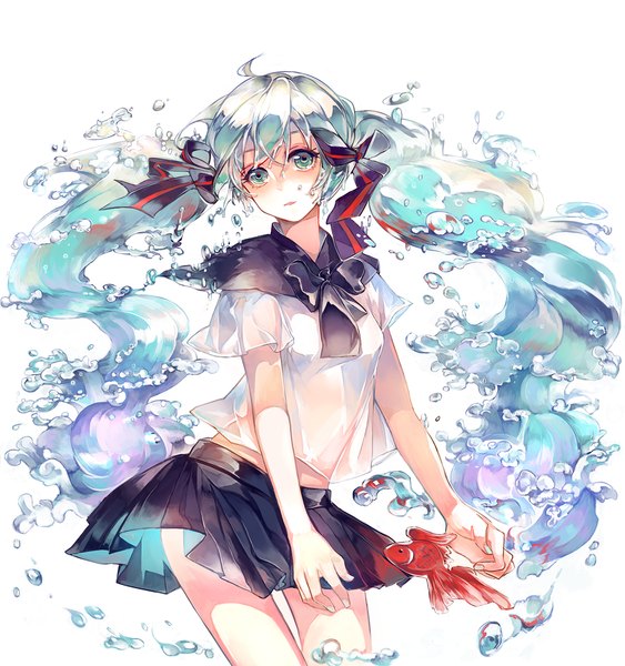 Anime picture 1361x1450 with vocaloid hatsune miku bottle miku vima single long hair tall image looking at viewer simple background white background twintails ahoge aqua eyes fingernails aqua hair liquid hair girl skirt ribbon (ribbons) hair ribbon