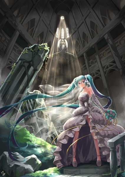 Anime picture 1414x2000 with vocaloid hatsune miku jh single tall image looking at viewer twintails bare shoulders very long hair aqua eyes aqua hair girl dress gloves flower (flowers) elbow gloves bouquet wedding dress