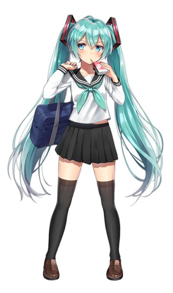 Anime-Bild 1100x1862 mit vocaloid hatsune miku superpig (wlstjqdla) single long hair tall image blush fringe simple background hair between eyes standing white background twintails holding looking away full body long sleeves pleated skirt aqua eyes aqua hair