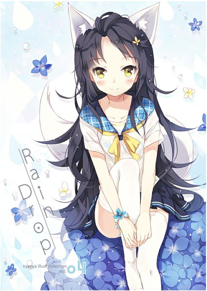 Anime picture 650x913 with original nyanya single long hair tall image blush fringe light erotic black hair smile sitting animal ears yellow eyes bent knee (knees) tail animal tail pleated skirt hair flower wolf ears wolf tail