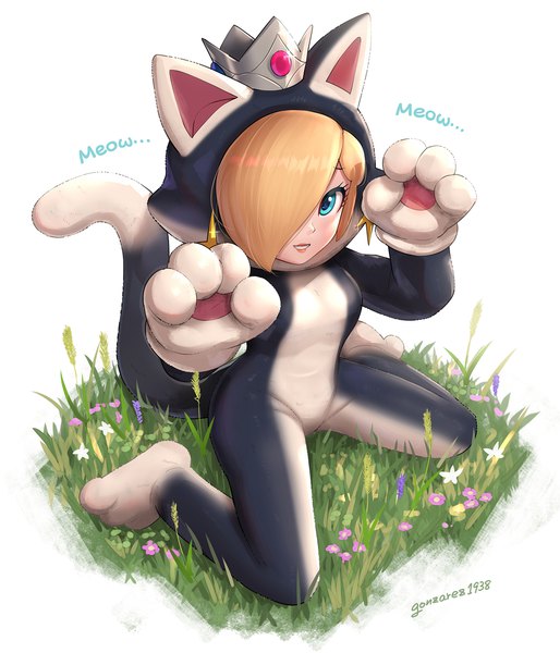 Anime picture 1286x1500 with super mario bros. rosetta (mario) cat rosalina gonzarez single tall image looking at viewer blush fringe blue eyes simple background blonde hair smile white background sitting signed animal ears full body outdoors tail
