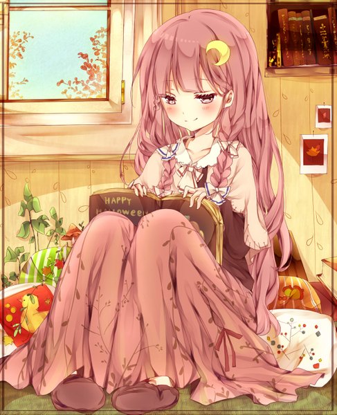 Anime picture 1100x1353 with touhou patchouli knowledge misa (kaeruhitode) single long hair tall image blush sitting pink hair braid (braids) pink eyes light smile girl dress window book (books) shelf bookshelf